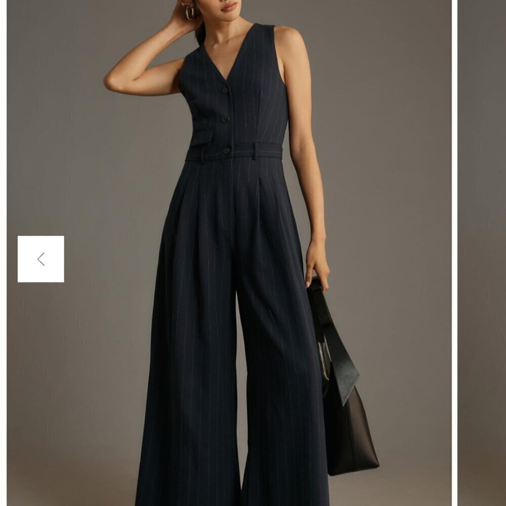 Anthropologie Navy Pinstripe Sleeveless Wide-Leg Jumpsuit